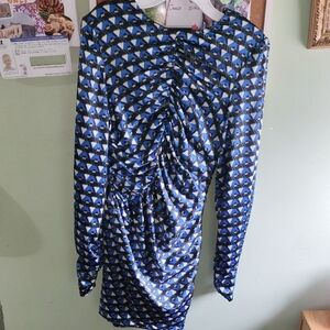 Blue Geometric Long-Sleeve Ruched Dress